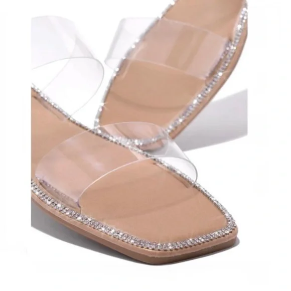 !! NEW !! Embellished Double Strap Square Toe Sandals in Clear - Picture 2 of 11